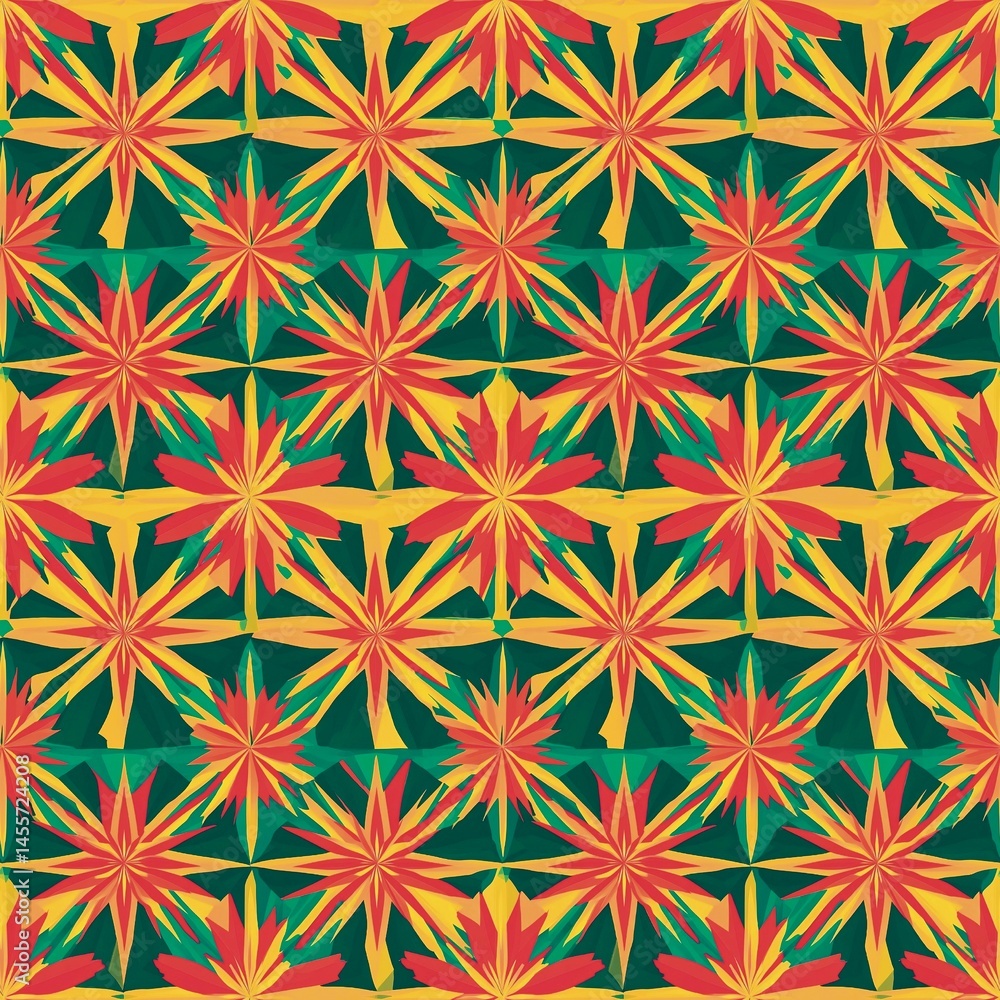 Geometric star in the atomic age, green red yellow color fabric pattern, seamless fabric pattern, textile background, fashion. very beautiful. textile luxury background fabric Geometric star in the atomic age, green red yellow color fabric pattern, seamless fabric pattern, textile background, fashion. very beautiful. textile luxury background fabric