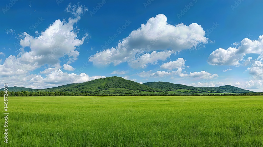 Fototapeta premium A vast green grass field stretches under a bright blue sky, with fluffy white clouds, offering a perfect escape into nature. 