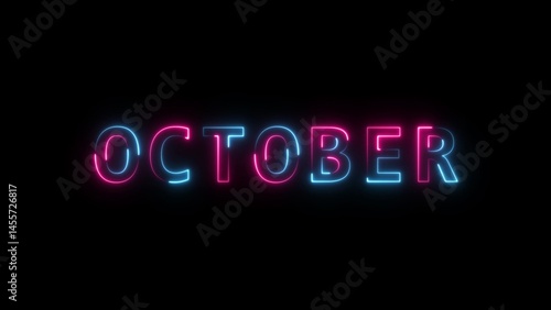 Animation of glowing neon shine month name october text icon animation. 4k animated on black background