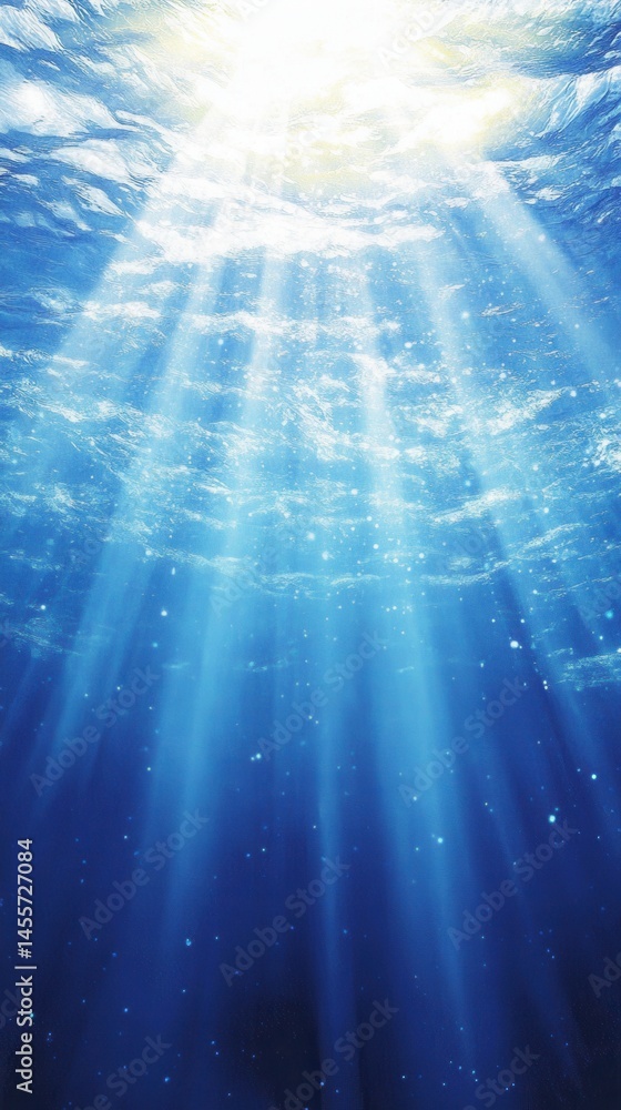 Naklejka premium Ethereal Underwater Sunlight Beams Illuminating the Ocean Depths with Sparkling Particles and Gentle Ripples