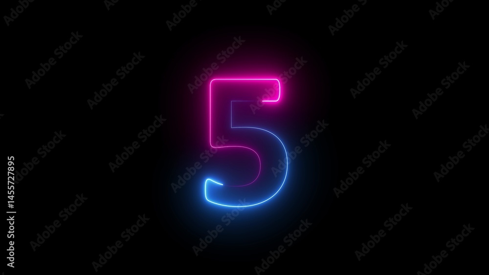 Abstract glowing neon text countdown 5 number illustration background 4K resolution. Abstract glowing neon text countdown 5 number illustration background 4K resolution.