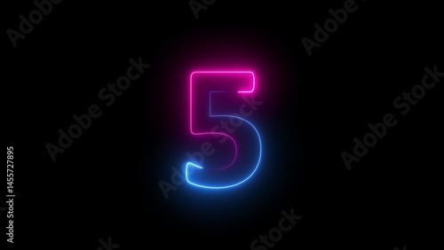 Abstract glowing neon text countdown 5 number illustration background 4K resolution.