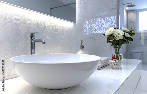 Modern luxury bathroom interior with white ceramic bowl sink and sleek minimalist decor for home or hotel inspiration