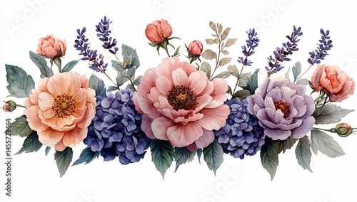 Watercolor floral arrangement for wedding invitations, greeting cards, or romantic designs. Pastel hydrangeas, peonies, lavender, and foliage create a serene and airy feel.