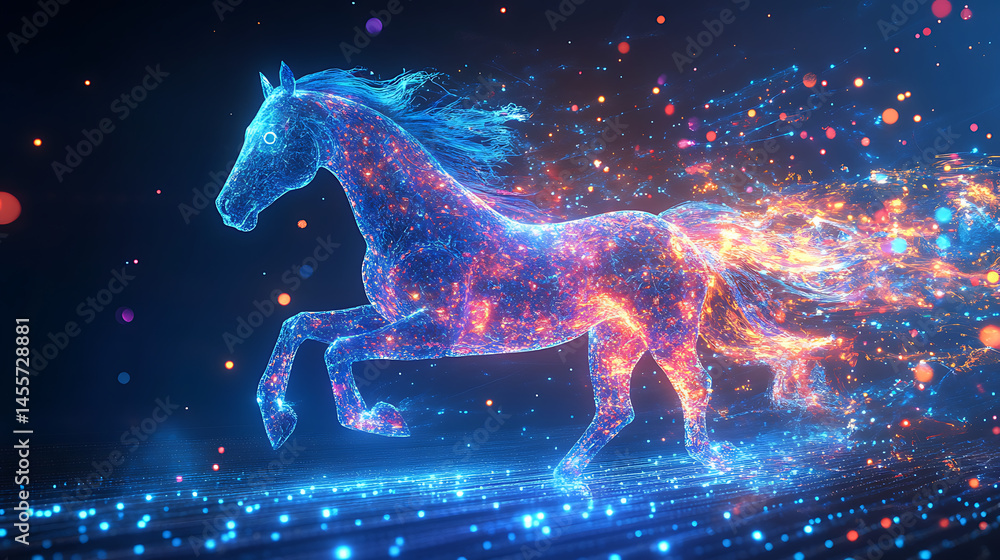 Horse-like AI nanobot galloping through a digital storm of vibrant data Horse-like AI nanobot galloping through a digital storm of vibrant data