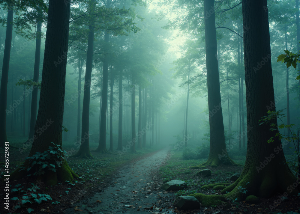 Naklejka premium Mysterious Misty Forest with Moss-Covered Rocks and Pathway under Lush Green Canopy in Dreamlike Woodland Scene