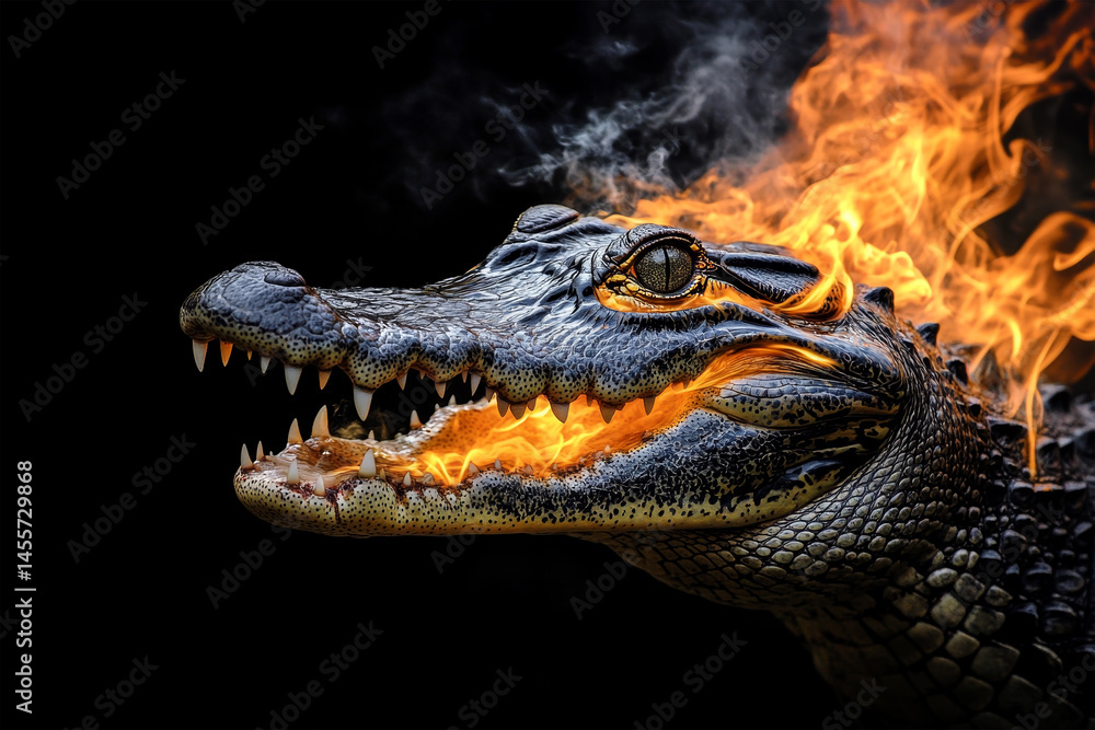 Obraz premium closeup head crocodile with burning 