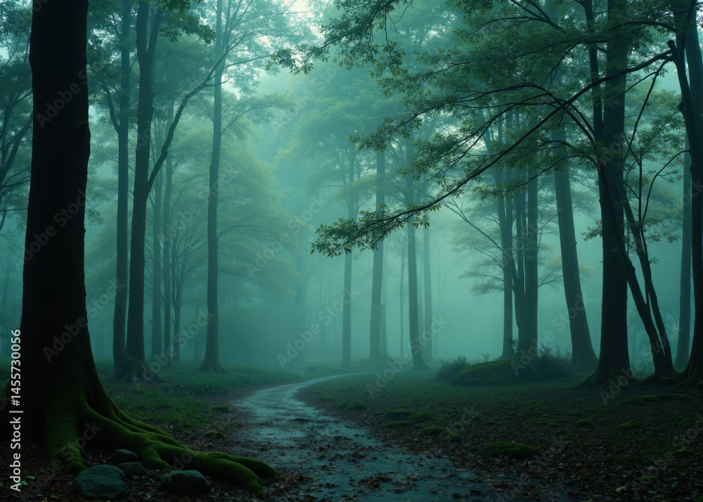 Fototapeta premium Mysterious Misty Forest with Moss-Covered Rocks and Pathway under Lush Green Canopy in Dreamlike Woodland Scene