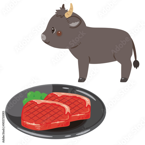 皿に盛られた牛肉と和牛のイラスト