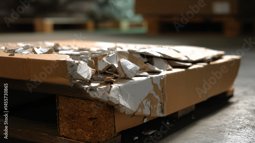 Damage cardboard box on pallet, stand for insurance claim issues (duplicate).