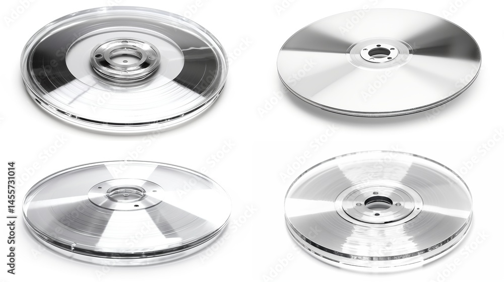 Four round, polished metal discs, possibly for industrial use, with clear plastic covers Four round, polished metal discs, possibly for industrial use, with clear plastic covers