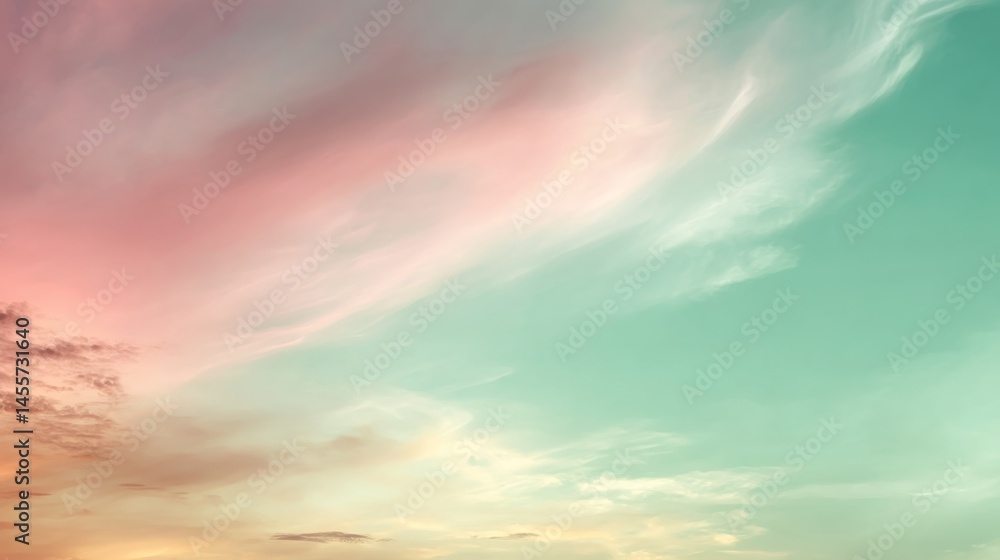 Obraz premium Wispy clouds float gently across a soft gradient horizon, blending pastel hues to create a tranquil and dreamy ambiance perfect for relaxation or inspiration