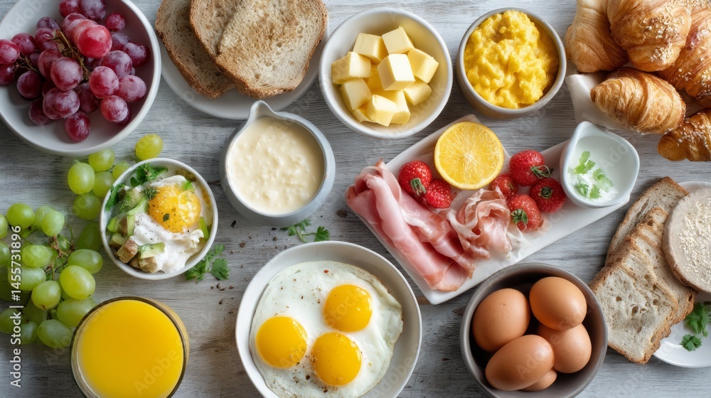 Fresh continental breakfast with neatly arranged ingredients. A wholesome morning spread to start the day.
Fresh continental breakfast with neatly arranged ingredients. A wholesome morning spread to start the day.