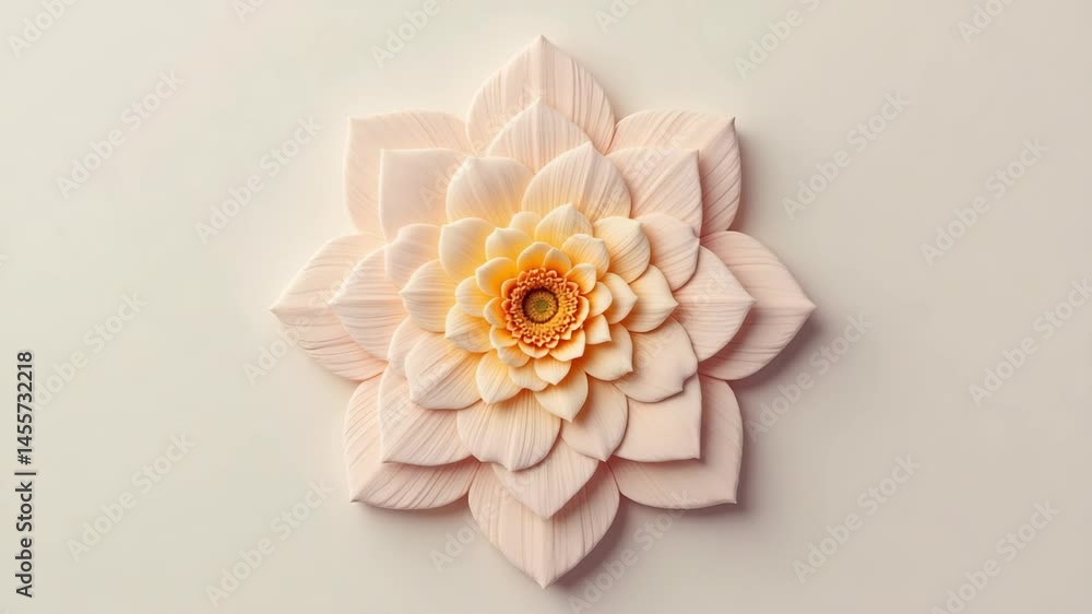 A delicate, intricately layered flower with cream and yellow petals arranged symmetrically on a soft beige background. A delicate, intricately layered flower with cream and yellow petals arranged symmetrically on a soft beige background.