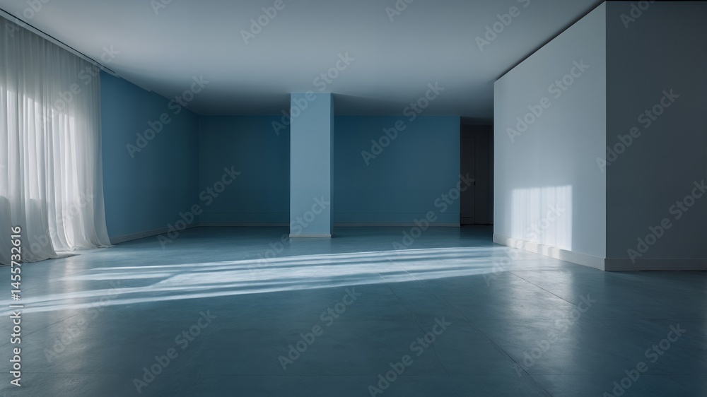 Obraz premium Modern Minimalist Room Interior Design Blue Walls White Curtains Sunlit Floor