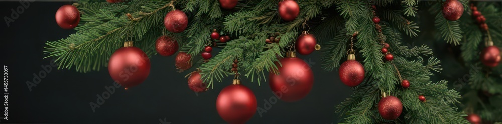 Dark green pine branch adorned with red and gold ornaments, red, visual, ornaments Dark green pine branch adorned with red and gold ornaments, red, visual, ornaments