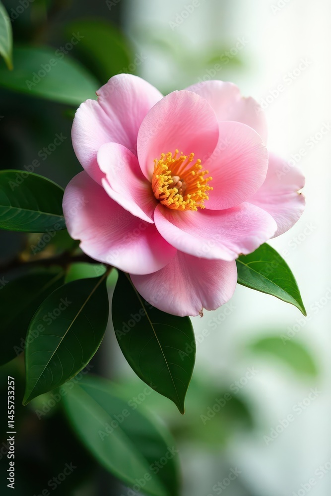Delicate pink camellia, vibrant green foliage, blossom, vibrant Delicate pink camellia, vibrant green foliage, blossom, vibrant