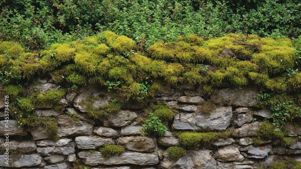 An ancient stone wall, covered in lush green moss, showcases the passage of time as nature reclaims this historic structure with rich plant life.
An ancient stone wall, covered in lush green moss, showcases the passage of time as nature reclaims this historic structure with rich plant life.