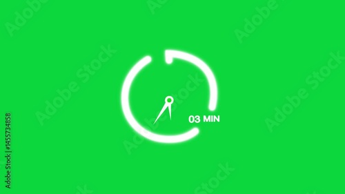 3 minutes timer clock animation on green screen transparent background. stopwatch icon. 3 minute timer video. time indicator. time measure, chronometer icon 3 minutes, countdown sign.