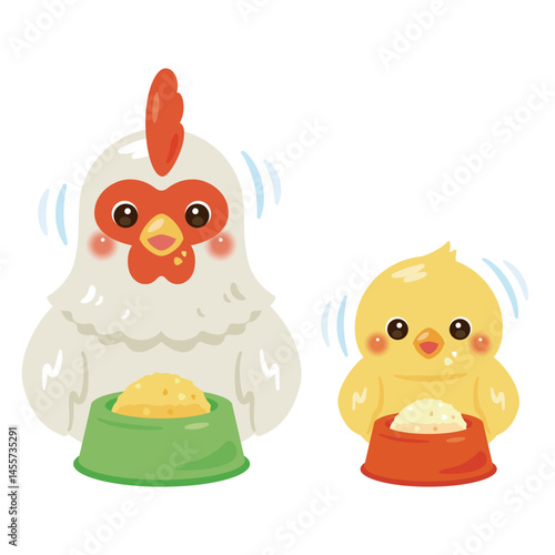 食事中のニワトリとヒヨコのイラスト