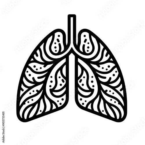 Stylized black-and-white lungs illustration with patterns, professional line art style