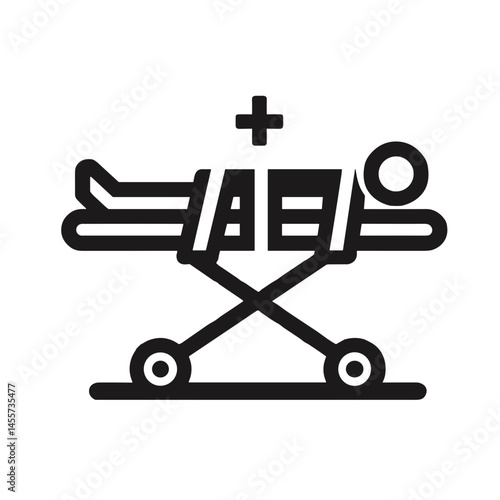 Minimalistic black-and-white medical stretcher with patient icon illustration, professional line art style