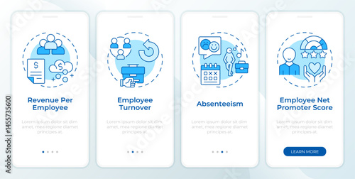 Performance and engagement blue onboarding mobile app screen. HR work. Walkthrough 4 steps editable graphic instructions with linear concepts. UI, UX, GUI. Montserrat SemiBold, Regular fonts used