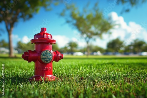 bright red hydrant on vivid green grass, wide-angle daytime shot