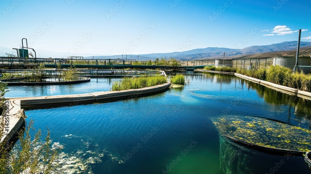 Naklejka premium Scenic wastewater treatment plant with mountain backdrop on a clear day