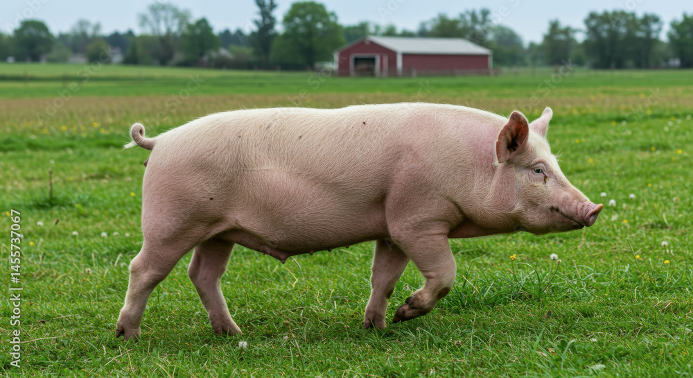 A pink pig with a curly tail walks through a green meadow. A red barn and trees are visible in the background. A pink pig with a curly tail walks through a green meadow. A red barn and trees are visible in the background.
