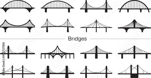 This title highlights the various bridge designs depicted, emphasizing the diversity and elegance of architectural structures in a minimalist style.