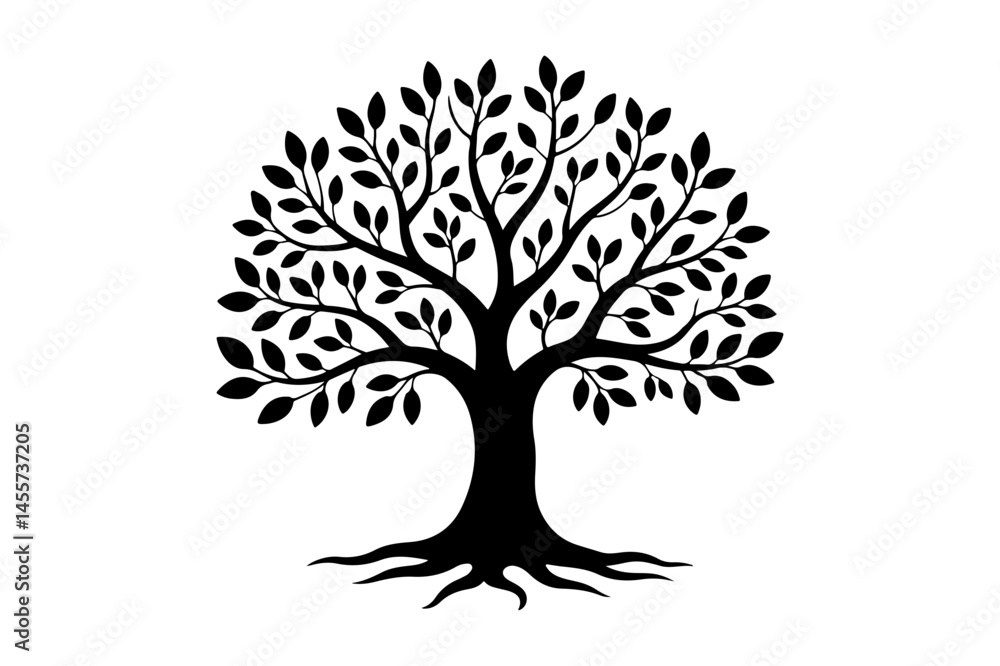 Naklejka premium Black silhouette of a tree with detailed roots and foliage