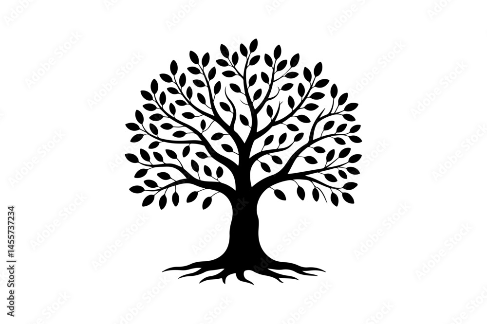 Obraz premium Black silhouette of a tree with detailed roots and foliage