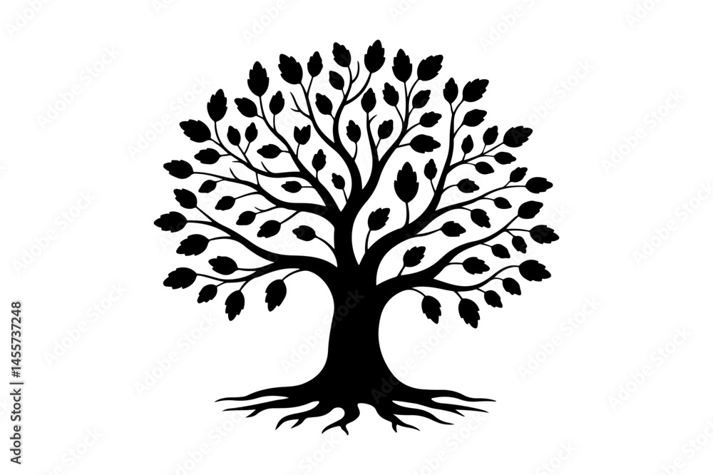 Obraz premium Black silhouette of a tree with detailed roots and foliage