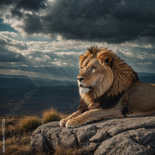 A lion sitting proudly on a rocky hill under a dramatic cloudy sky

