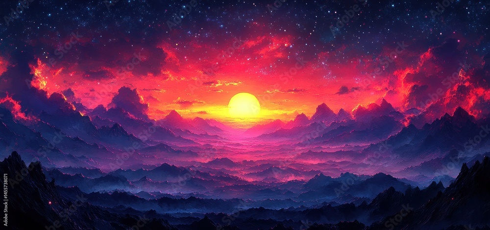 Naklejka premium Fiery Sunset over Majestic Mountains: A Digital Painting of a Breathtaking Landscape