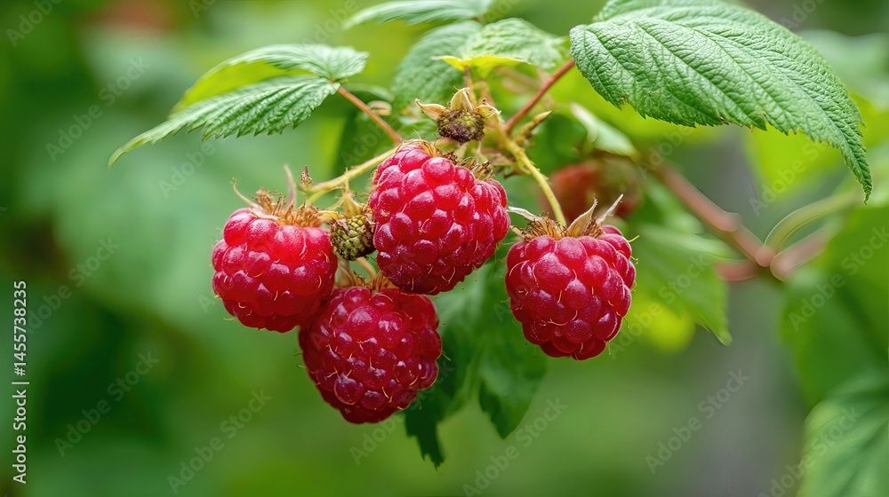 A close-up of ripe red raspberries hanging from a tree branch, surrounded by lush green leaves, showcasing the freshness of summer fruit.
A close-up of ripe red raspberries hanging from a tree branch, surrounded by lush green leaves, showcasing the freshness of summer fruit.