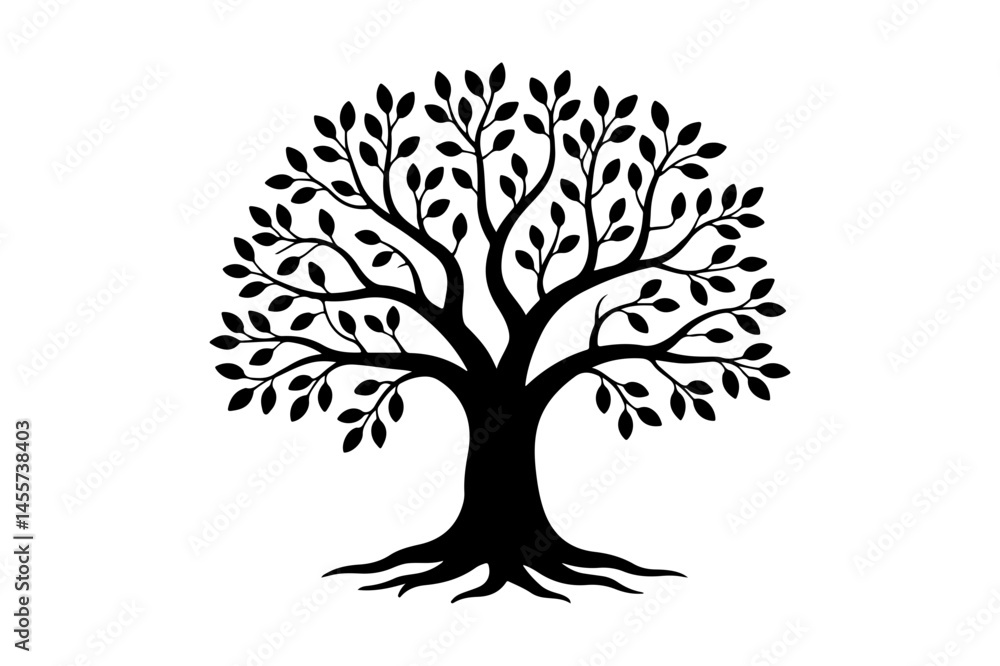 Obraz premium Black silhouette of a tree with detailed roots and foliage