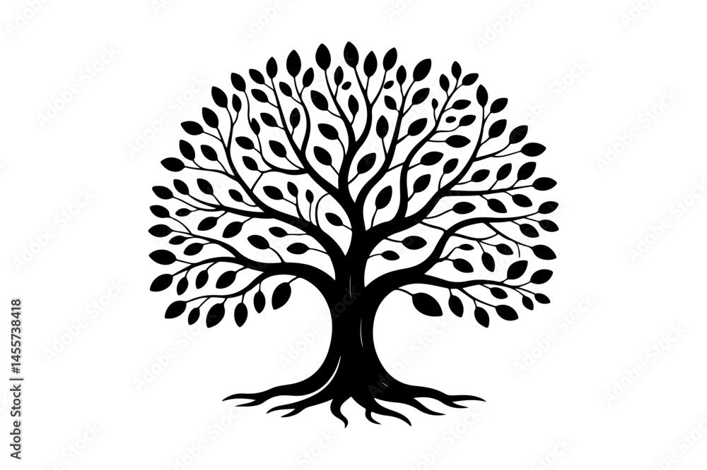 Obraz premium Black silhouette of a tree with detailed roots and foliage