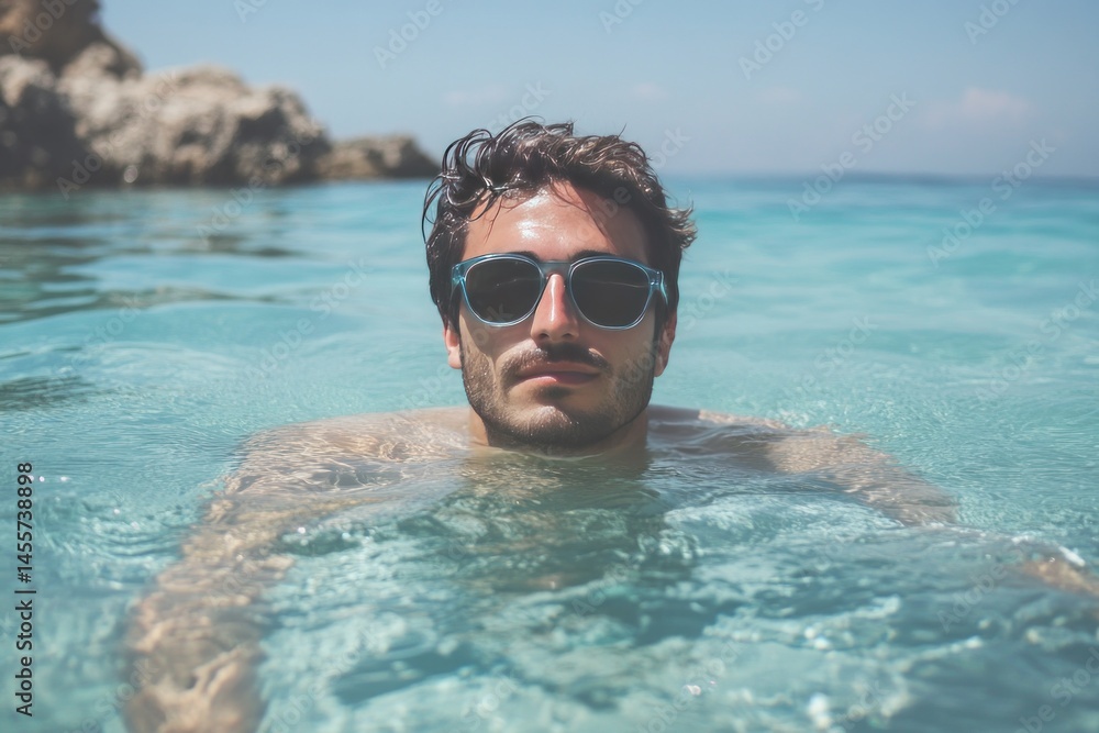 Naklejka premium calm sea scene, man with shades drifting on clear waves