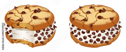 Chocolate Chip Cookie Ice Cream Sandwich Bitten and Whole. Popular American Summer Dessert Detailed Illustration
