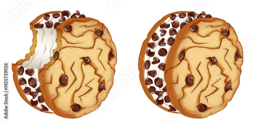 Crunchy Chocolate Chip Coated Ice Cream Sandwich Made with Cookies - Bitten and Whole. Sweet Frozen Dessert Vector Illustration