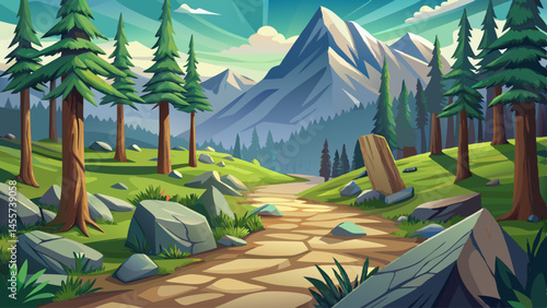 Ancient mountain trail with stone markers winds through pine forests