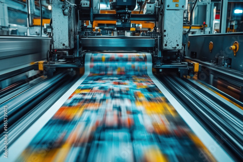 Printing machine in a bustling factory, creating colorful packaging materials for various products.