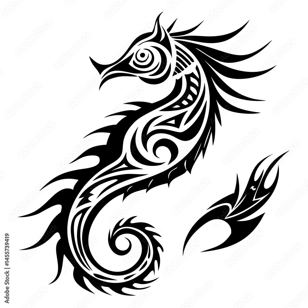 Fototapeta premium Seahorse Silhouette Vector - Tribal Style Ocean Creature Art,Seahorse Silhouette Vector in bold tribal style, perfect for ocean animal illustrations