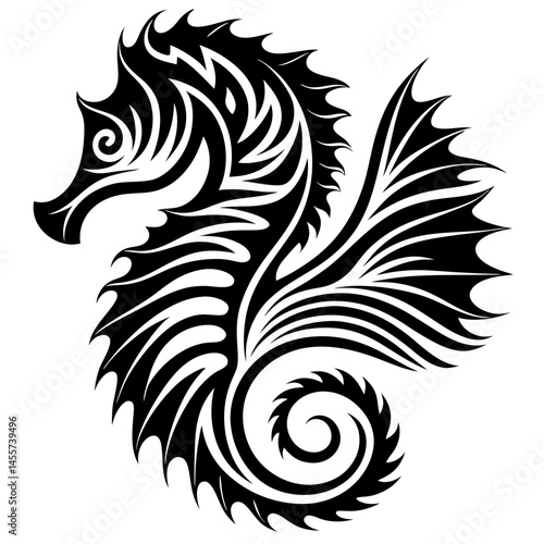 Seahorse Silhouette Vector - Tribal Style Ocean Creature Art,Seahorse Silhouette Vector in bold tribal style, perfect for ocean animal illustrations