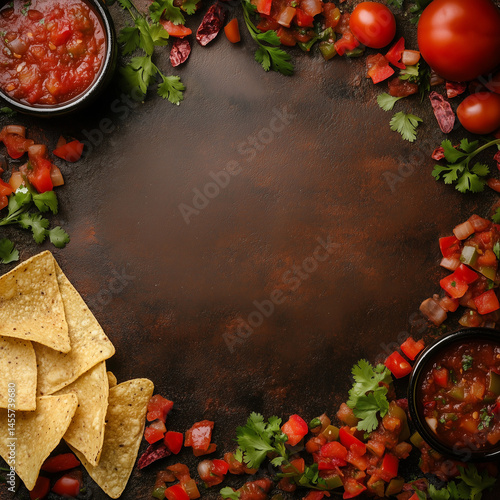 A vibrant arrangement of tortilla chips, salsa, fresh tomatoes, and cilantro on a rustic wooden surface, creating a festive atmosphere for a snack or party.