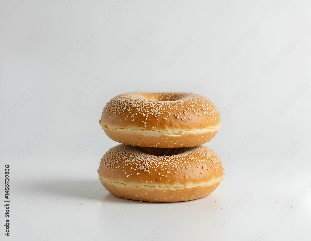 Two Sesame Seed Bagels Stacked Isolated on White Background Two Sesame Seed Bagels Stacked Isolated on White Background