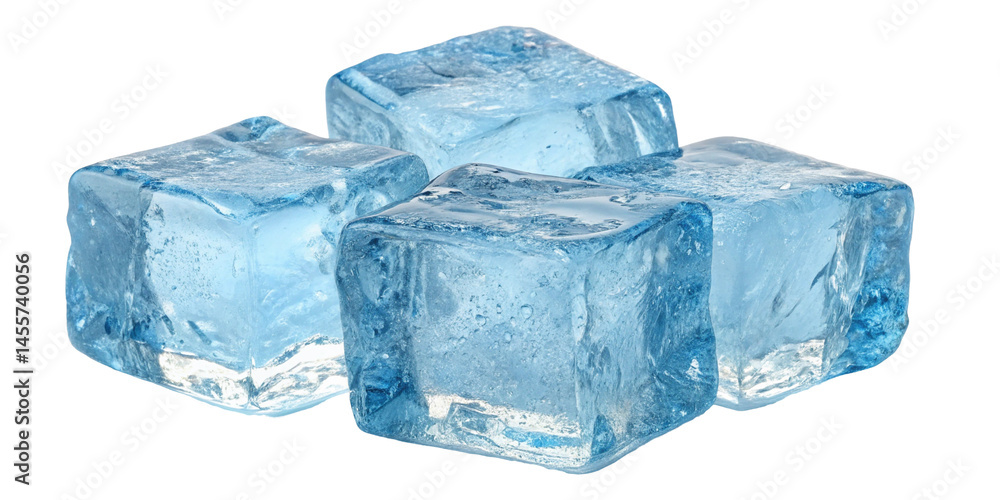 Obraz premium Ice cubes with a blue tint, some water droplets , and a white background, Isolate PNG