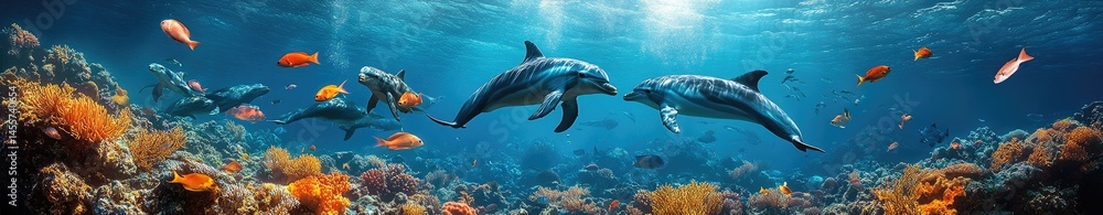 Fototapeta premium Two dolphins swim among coral and fish in a vibrant underwater scene.
